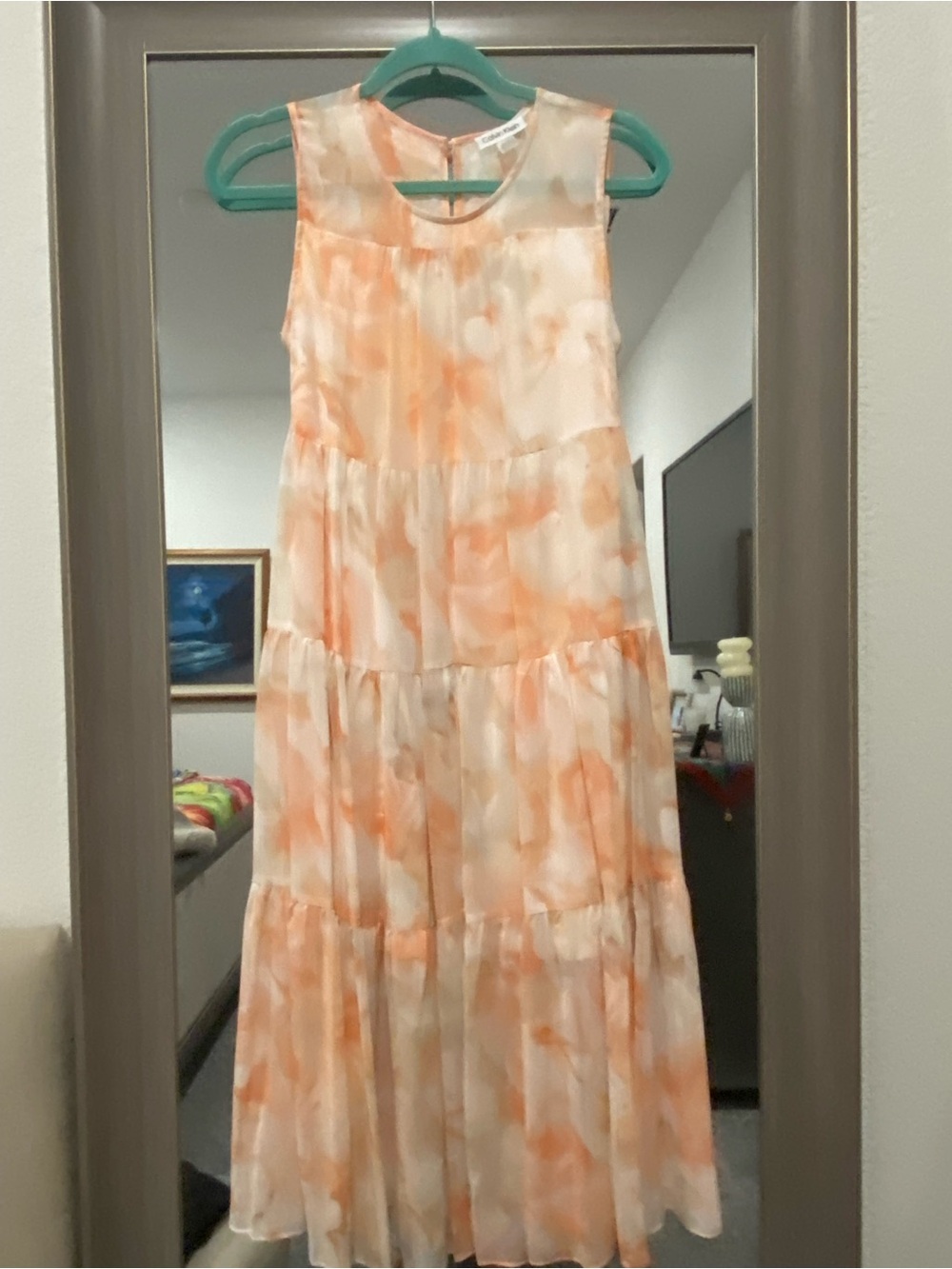 Calvin Klein Peach and Cream Sleeveless Tiered Midi Dress